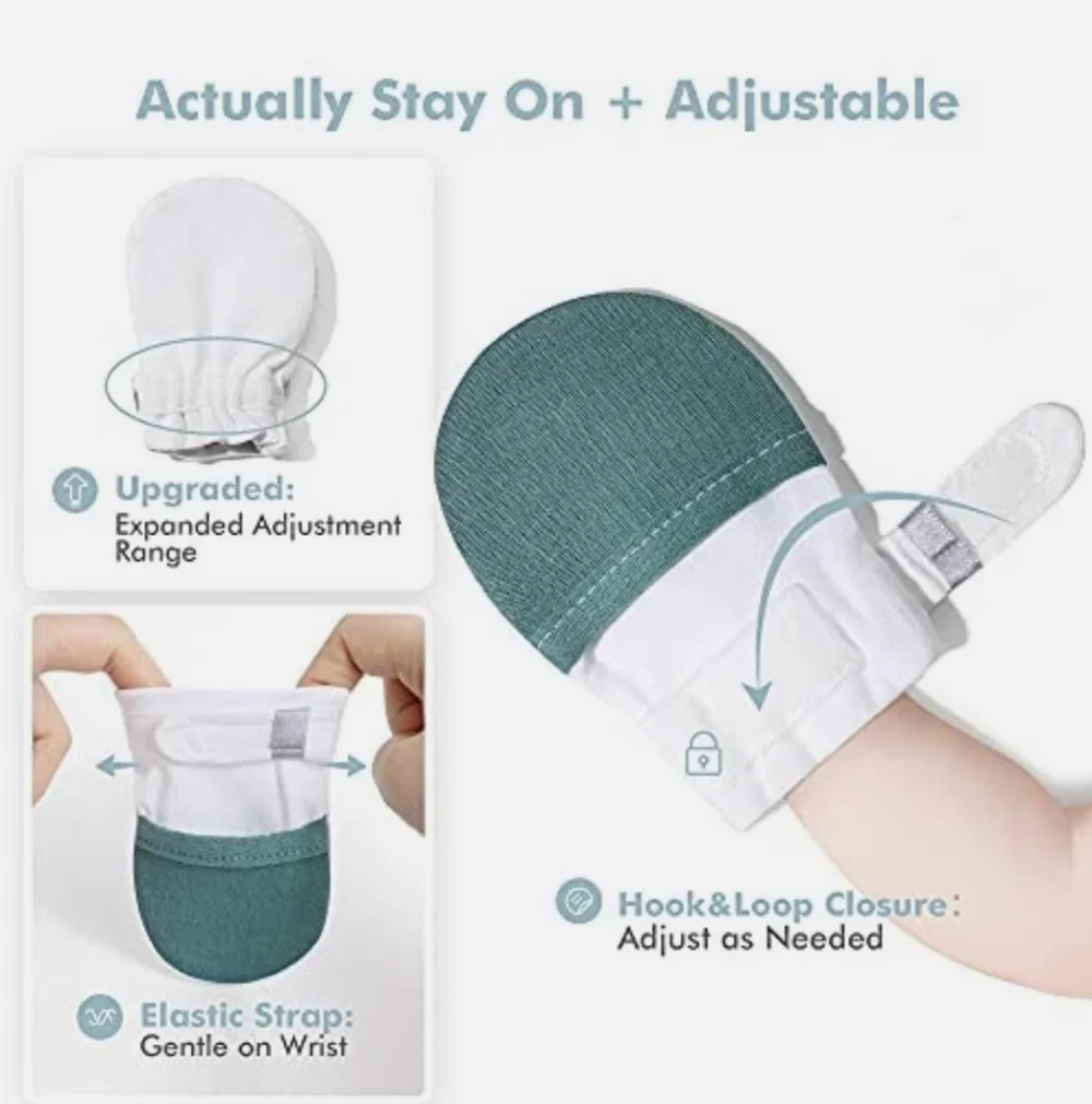 Set Of 2 Newborn (0-3 Months) No scratch Baby Mittens White, Sage Green, Gray